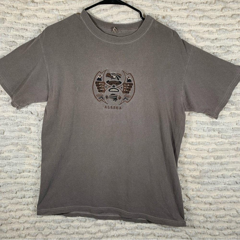 VTG WOMENS LARGE‎ ALASKA SHIRT BROWN EMBROIDERED FISH SEA BIRD STATE